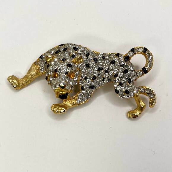 Leopard Cheetah Jaguar Wild Cat Animal Brooch Pin Gold Black Rhinestones - Picture 2 of 7
